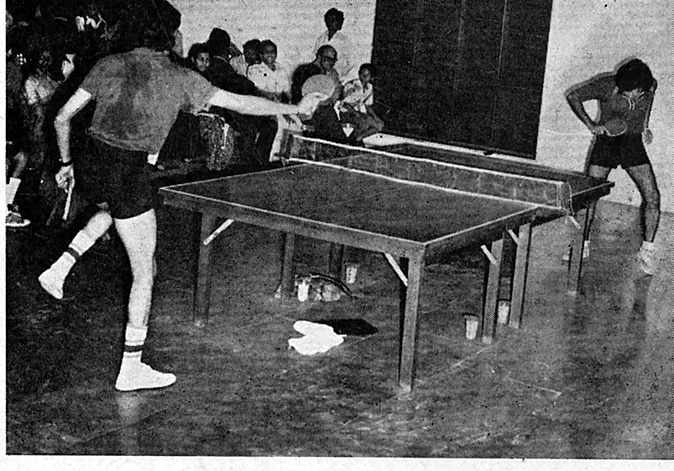 A match in progress at the All Baroda Table Tennis Tournament, held under the auspices of Shri Dinesh Mills Sports Club.